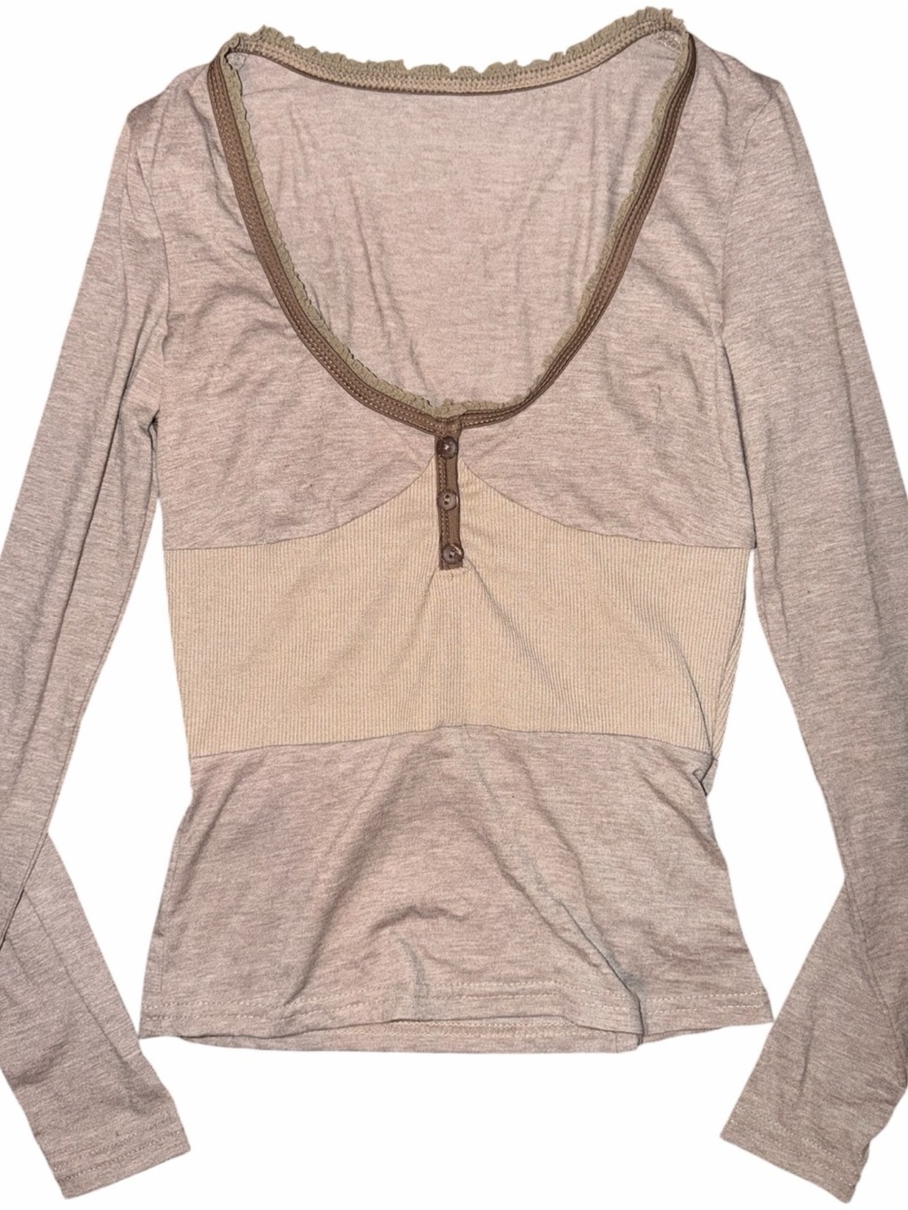 Lace Trim Henley Slim Fit Long Sleeve Top